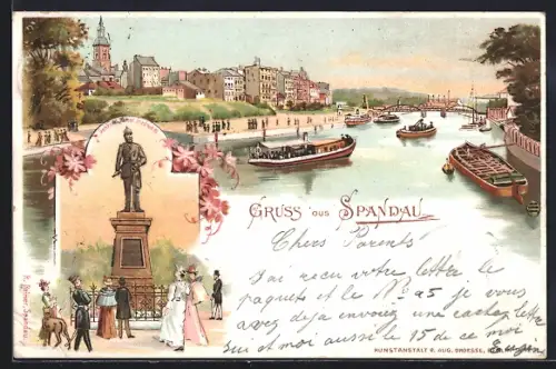 Lithographie Berlin-Spandau, Havelpartie mit Dampfer, Denkmal Kaiser Friedrich III.