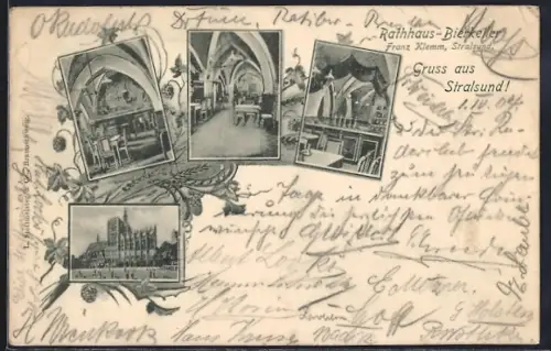 AK Stralsund, Gasthaus Rathaus-Bierkeller F. Klemm, Rathausgebäude, Innenansichten, Rahmen, Hopfen