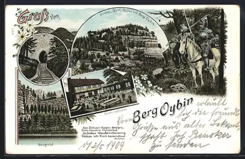 Lithographie Oybin, Ortsansicht mit Kirche, Ruine und Berg Oybin, Bergtor, Hausgrund, Ritter in Rüstung auf ihrenPferden