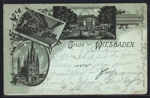 Mondschein-Lithographie Wiesbaden, Curhaus, Colonnaden, Evang. Hauptkirche