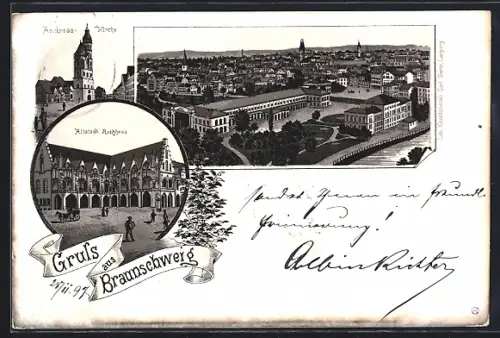 Lithographie Braunschweig, Rathaus, Andreas-Kirche, Totalansicht mit historischen Gebäuden u. Anlage am Ufer