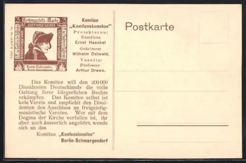 Künstler-AK Berlin-Schmargendorf, Kirchenaustritts-Marke, Komitee Konfessionslos, Excellenz Ernst Haeckel, Religion