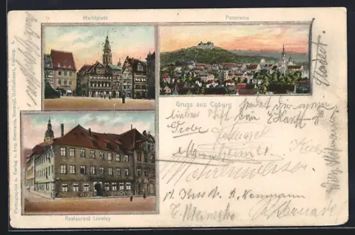 AK Coburg, Restaurant Loreley, Marktplatz, Panorama