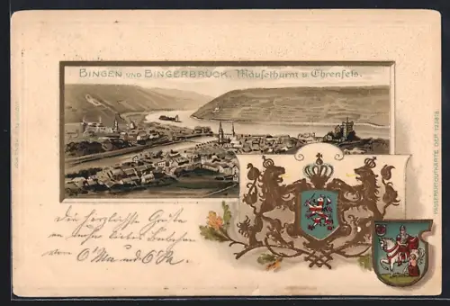 Passepartout-Lithographie Bingen / Rhein, Panorama mit Bingerbrück, Mäusethurm und Ehrenfels, Wappen