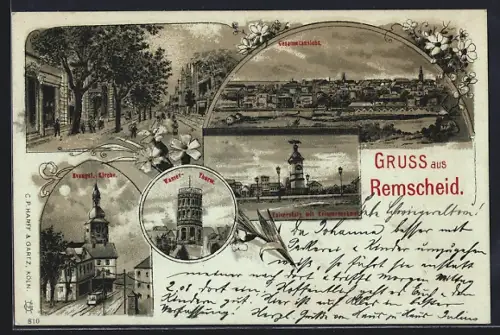 Mondschein-Lithographie Remscheid, Evangelische Kirche, Kaiserplatz mit Kriegerdenkmal, Wasser-Turm