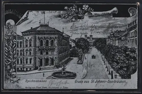 Metallfolie-AK Saarbrücken-St. Johann, Reichsstrasse mit Brunnen