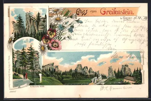 Lithographie Geyer, Felsformationen im Greifenstein-Gebiet, Blumen