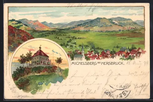 Lithographie Hersbruck, Ortspanorama mit Kirche und Michaelsberg