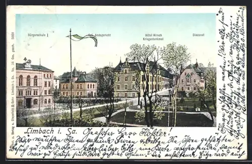 Goldfenster-AK Limbach i. Sa., Hotel Hirsch, Königliches Amtsgericht, Bürgerschule und Diaconat mit leuchtenden Fenstern