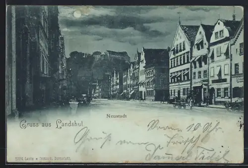 Mondschein-AK Landshut, Strassenpartie Neustadt mit Geschäften