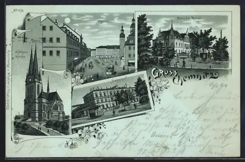 Mondschein-Lithographie Chemnitz, Hotel Carola, Markt mit Strassenbahn, Bahnhof