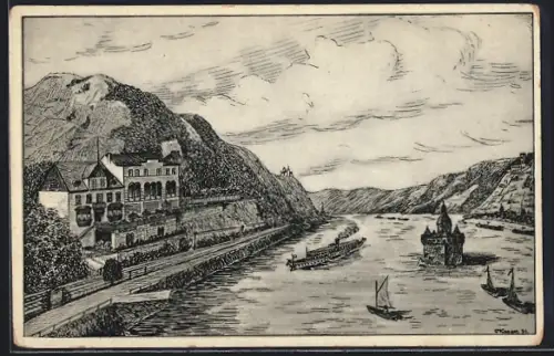 Künstler-AK Bacharach am Rhein, Hotel-Restaurant Engelsburg