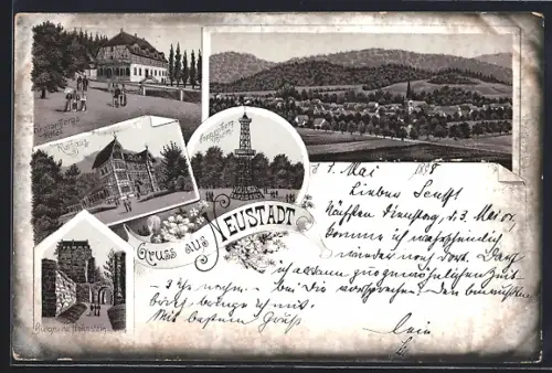 Lithographie Neustadt /Harz, Hotel Kronenberg, Kurhaus, Poppenberg-Turm