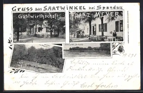 AK Saatwinkel bei Spandau, Gasthaus v. Franz Meyer, Dampfer-Brücke, Uferpartie