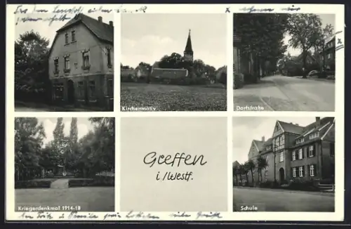 AK Greffen i. Westf., Schule, Kirche, Dorfstrasse