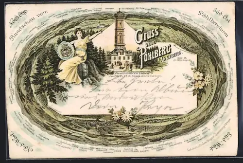 Lithographie Annaberg / Erzgebirge, Rundblick vom Pöhlberg mit Aussichtsturm