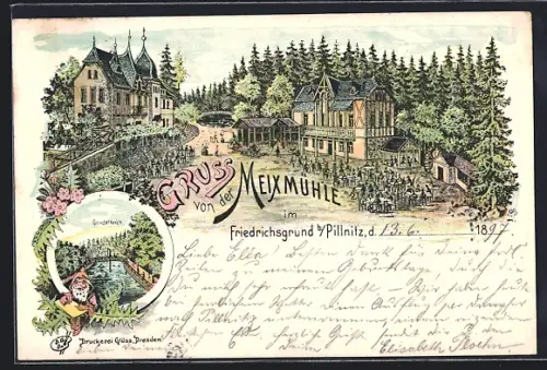 Lithographie Dresden-Pillnitz, Gasthaus Meixmühle mit Gondelteich und Zwerg im Friedrichsgrund
