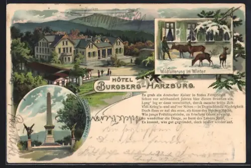 Lithographie Bad Harzburg, Hôtel Burgberg und Brocken, Wildfütterung im Winter, Bismarck Denkmal