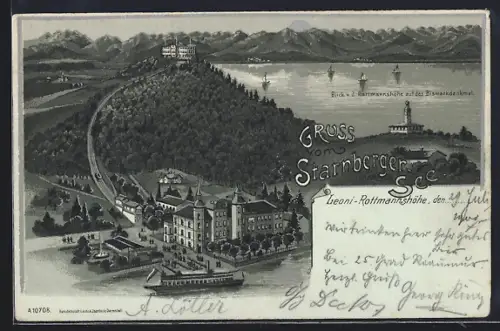 Mondschein-Lithographie Leoni-Rottmannshöhe, Blick auf das Bismarckdenkmal am Starnberger-See