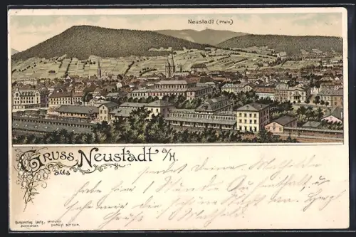 Lithographie Neustadt / Pfalz, Panoramablick auf den Ort