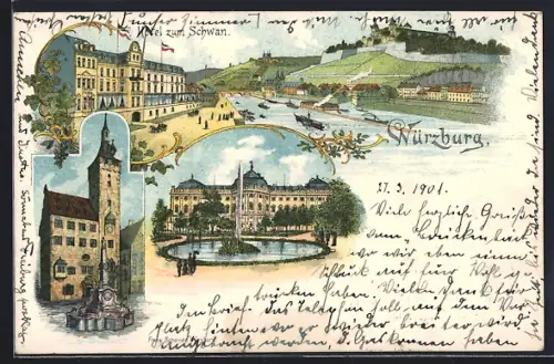 Lithographie Würzburg, Hotel zum Schwan, Denkmal, Springbrunnen