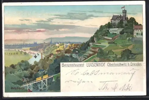 Lithographie Dresden-Weisser Hirsch, Bergrestaurant Luisenhof aus der Vogelschau