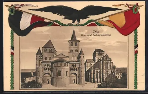 AK Trier, Dom und Liebfrauenkirche, Adler mit Fahnen, Passepartout