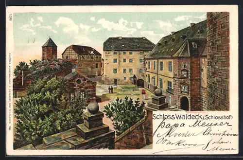 Lithographie Waldeck / Hessen, Schloss Waldeck, Blick in den Schlosshof