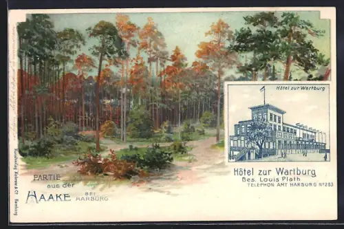 Lithographie Hamburg-Heimfeld, Hotel zur Wartburg, Partie aus der Haake