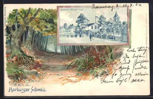 Lithographie Hamburg-Haake, Gasthaus Goldene Wiege, Waldpartie