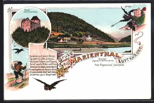 Lithographie Regenstauf / Oberpfalz, Gasthaus Marienthal, Blick zur Veste Stockenfels