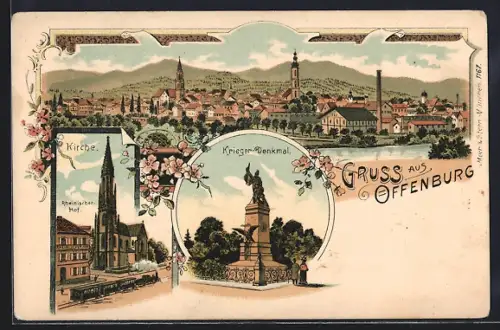 Lithographie Offenburg, Gesamtansicht, Kirche, Rheinischer Hof, Kriegerdenkmal