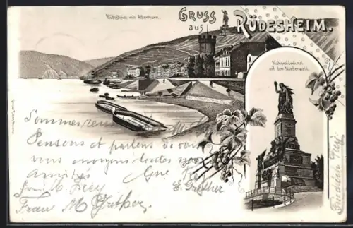 Lithographie Rüdesheim / Rhein, Nationaldenkmal auf dem Niederwald, Uferpartie mit Adlerturm