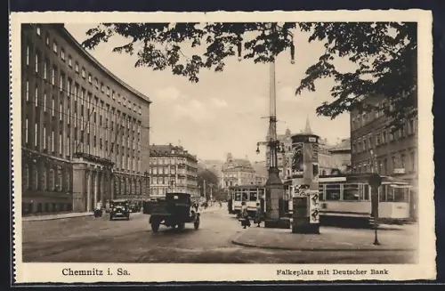 AK Chemnitz i. Sa., Falkenplatz mit Deutscher Bank und Strassenbahn
