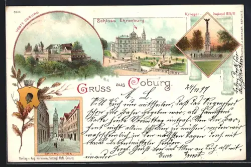 Lithographie Coburg, Veste, Spital-Thor, Kriegerdenkmal