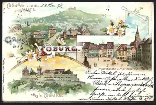 Lithographie Coburg, Marktplatz, Veste Coburg und Moritzkirche