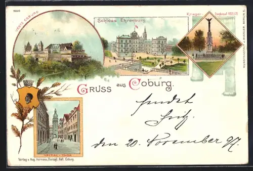 Lithographie Coburg, Schloss Ehrenburg, Veste Coburg, Spital-Tor, Krieger-Denkmal 1870/71