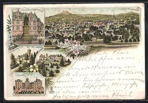 Lithographie Coburg, Panorama, Statue des Prinzen Albert, Schloss Callenberg, Ehrenburg und Veste