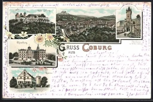 Lithographie Coburg, Rosenau, Thorturm der Veste, Ehrenburg, Veste Coburg