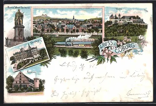 Vorläufer-Lithographie Coburg, 1895, Veste Coburg, Ehrenburg, Prinz Albert-Denkmal