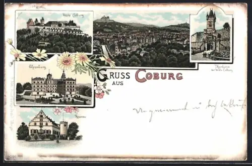 Lithographie Coburg, Rosenau, Thorturm der Veste, Ehrenburg, Veste Coburg