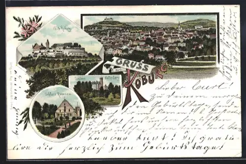 Lithographie Coburg, Schloss Rosenau, Schloss Kallenberg, Totalansicht mit Veste