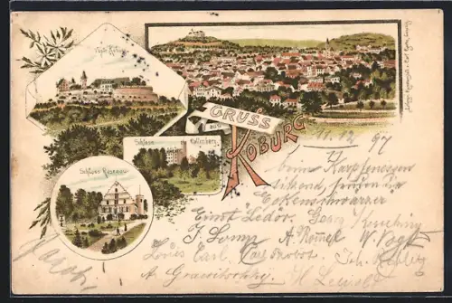 Lithographie Coburg, Schloss Callenberg, Schloss Rosenau, Gesamtansicht