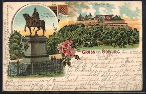 Lithographie Coburg, Veste Coburg, Denkmal Herzog Ernst II.