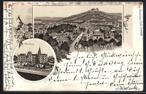 Lithographie Coburg, Teilansicht, Ehrenburg