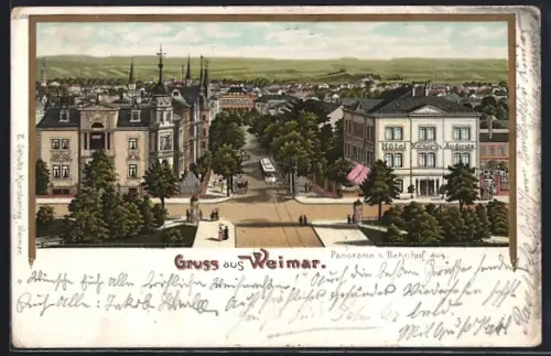 Lithographie Weimar / Thüringen, Panorama mit Hotel Kaiserin Augusta und Strassenbahn vom Bahnhof aus