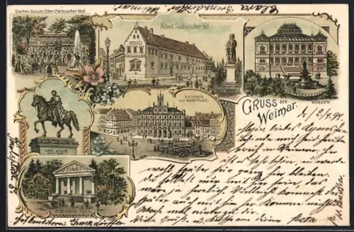 Lithographie Weimar / Thüringen, Hotel Sächsischer Hof, Römisches Haus, Museum