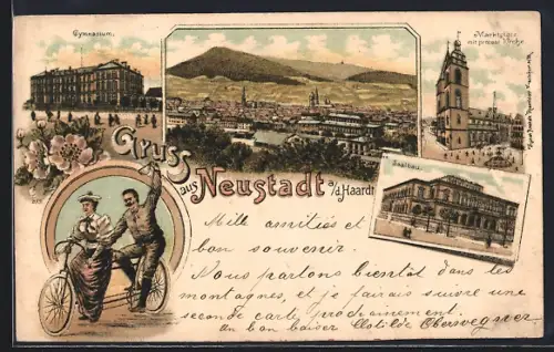 Lithographie Neustadt a. d. Haardt, Saalbau, Gymnasium, Marktplatz mit protestantischer Kirche