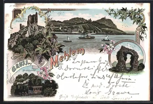 Lithographie Mehlem, Ruine Drachenfels, Staatsbahnhof, Rolandsbogen