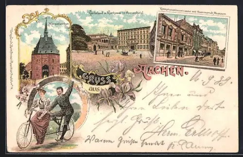 Lithographie Aachen, Karlsbad und Kurhaus in Burscheid, Marschiertor, Komphausbachstrasse mit Suermondt-Museum